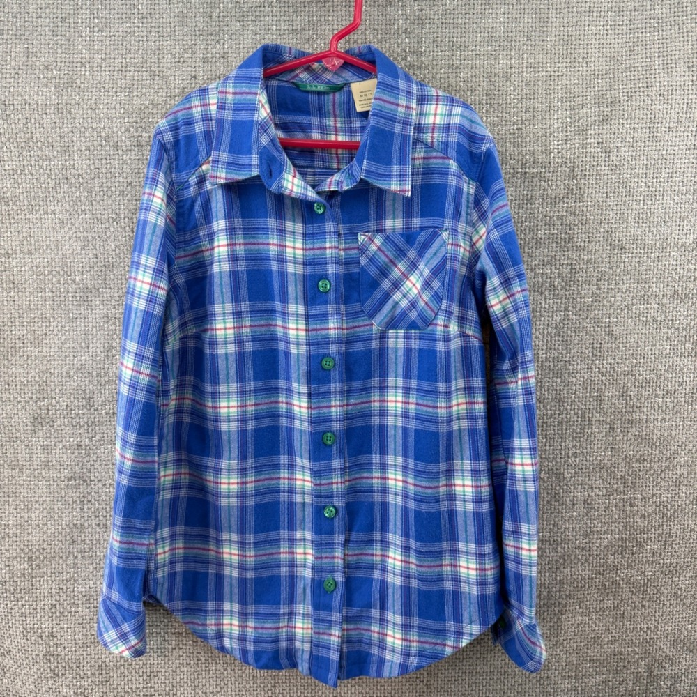 LL Bean Kids Blue Plaid Flannel Button Down Shirt‎ Size M 10-12 Cotton 500117